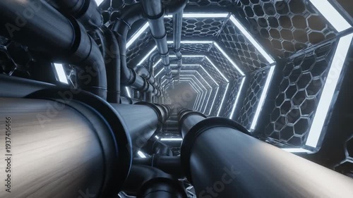 Abstract shot through a metallic tunnel lined with illuminated hexagonal walls and pipes, fading into distant fog