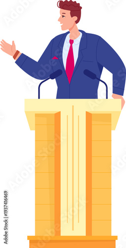 Public speaking man. Speaker tribune cartoon icon
