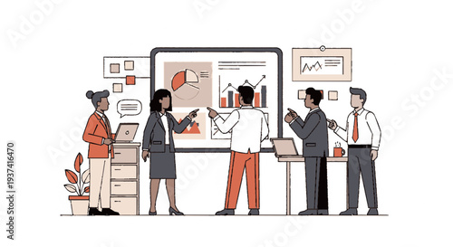 Business team collaborating in a modern office setting with digital presentations and data analysis on a large tablet