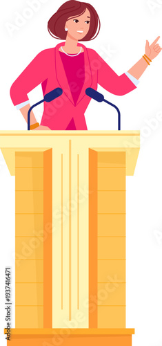 Woman speak on podium. Public orator. Debate politician
