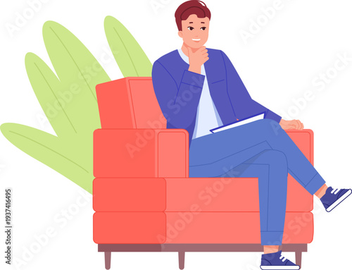 Psychologist listening. Man sit in armchair color character