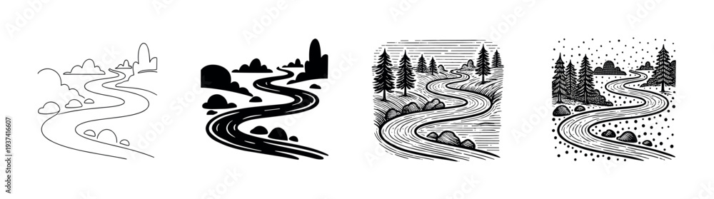 Fototapeta premium Four distinct black and white winding river illustrations showcase varied artistic styles, from simple line art to detailed woodcut textures, depicting serene natural landscapes