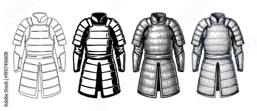 Four traditional Japanese samurai armor illustrations showcasing distinct artistic styles including outline, solid black, engraved lines, and stippling, depicting ancient warrior attire