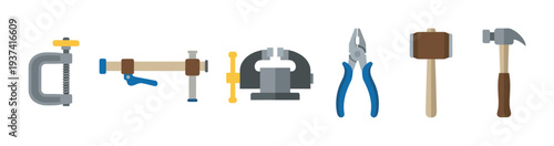 Six different essential hand tools are neatly arranged in a clean, modern flat design illustration, showcasing common equipment for construction, repair, and DIY projects with a simple, graphic style