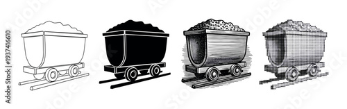 Four distinct black and white mining carts filled with coal, each rendered in a unique illustrative style including outline, solid, engraving, and halftone, presented on tracks