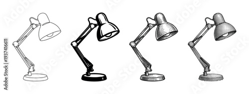 Four distinct black and white adjustable desk lamp illustrations are presented in diverse artistic styles, including outline, solid fill, engraving, and halftone dot patterns