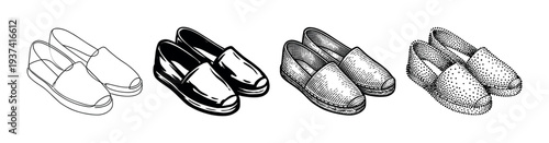 Four pairs of casual slip-on shoes are depicted in a diverse collection of black and white illustration styles, showcasing line art, solid fill, engraving, and stippling techniques