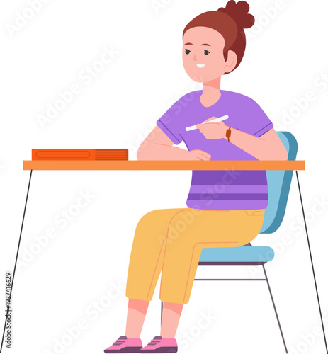 School girl studying. Classroom desk with learning kid