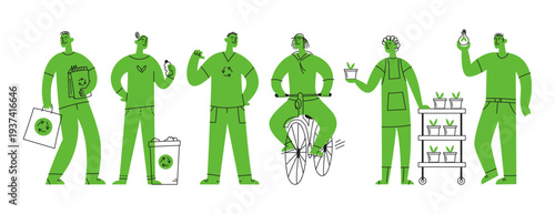 Set of doodle people, man, woman. Save the environment. Green energy and recycling. Handdrawn vector color line illustration