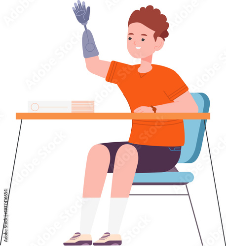 Boy with prosthetic hand in school classroom. Studying disabled kid