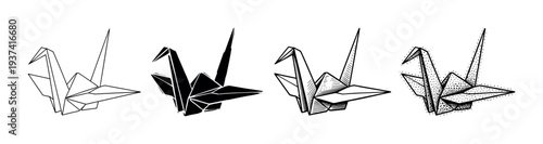 Four distinct black and white origami crane illustrations showcase various artistic rendering techniques, including clean outline, solid fill, detailed hatching, and intricate stippling