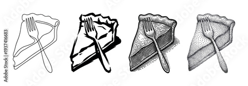 Four distinct black and white illustrative pie slices, each featuring a fork and rendered in unique artistic styles including continuous line, bold brushwork, detailed engraving, and stippling