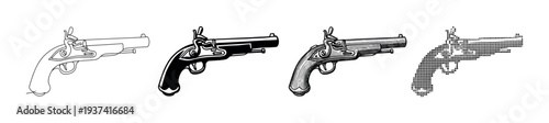 Four distinct historical flintlock pistols are depicted in a collection of diverse graphic styles, including outline, solid silhouette, engraved, and pixelated designs, showcasing vintage weaponry