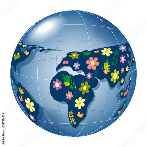 Glass Earth Globe with Floral Continents and Geographic Grid