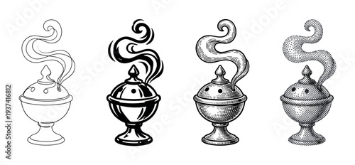 Four distinct black and white incense burners are depicted with rising smoke in various artistic styles, showcasing outline, solid, engraved, and stippled illustrations