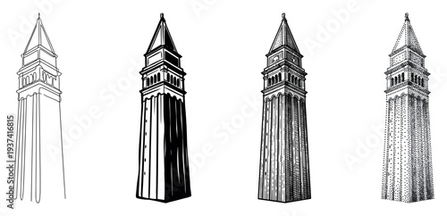 Four distinct black and white bell tower illustrations showcase various artistic styles, from minimalist line art to detailed engraving and stipple, capturing architectural elegance