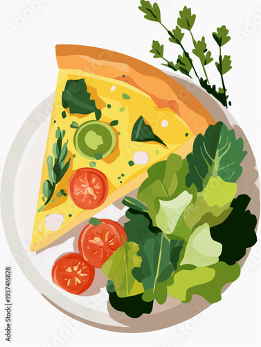 Flat vector illustration of a delicious quiche slice with fresh salad, perfect for Easter brunch menus, recipe blogs, or healthy food promotions.