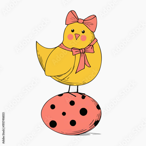 Flat vector illustration of a cute Easter chick with a bow, standing on a decorated egg, ideal for greeting cards, spring designs, or children's products.