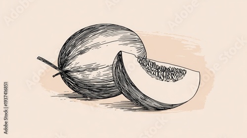 Etched melon with a single slice, shaded background on light neutral colored paper look