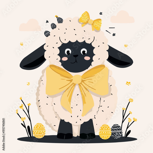 Flat vector illustration of a cute Easter lamb wearing a yellow bow, suitable for greeting cards, posters, or holiday designs.