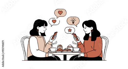 Two women sitting at a table using smartphones and sending messages with hearts and stars relaxed atmosphere casual clothing coffee cups
