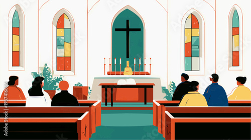 Flat vector illustration of people attending an Easter Sunday church service, suitable for religious publications or event promotions.