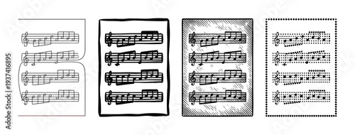 Four distinct musical notation styles are displayed vertically, featuring hand-drawn, bold, engraved, and stippled interpretations of sheet music