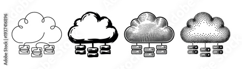 Four distinct black and white cloud computing illustrations, rendered in outline, sketch, engraving, and stipple styles, depict data storage and server connections