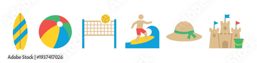 Colorful flat design summer beach activity icons are neatly arranged, depicting a surfboard, beach ball, volleyball net, surfer, straw hat, and sandcastle, all rendered in a bright, playful style
