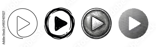Four distinct black and white circular play button icons are presented in a row, each showcasing a unique graphic style from simple outline to hand-drawn, engraved, and halftone dot patterns