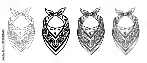 Four different tied paisley bandanas are illustrated in distinct black and white styles, showcasing outline, solid, hatched, and stippled graphic designs with a vintage aesthetic