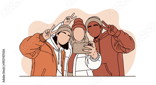 Three friends taking selfie with peace signs in winter clothes and hats