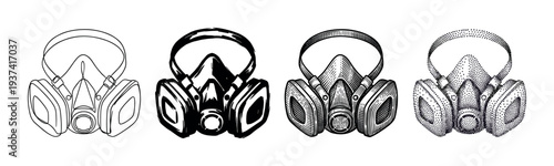 Four different black and white respirator masks are illustrated in various artistic styles, showcasing safety equipment with detailed filters and head straps