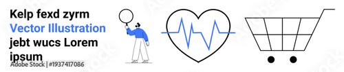 Minimalist design includes person holding balloon, heartbeat in heart shape, and shopping cart. Ideal for health, happiness, commerce, fitness, lifestyle, wellbeing simple landing page