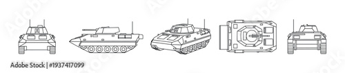Detailed line art drawing of a military tank presented in multiple technical views, showcasing its armored structure, turret, and track system with precision