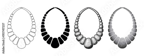 Four distinct black and white necklaces are elegantly illustrated in various artistic styles, showcasing different rendering techniques for jewelry design