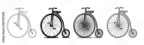 Four vintage penny-farthing bicycles are depicted in various illustrative styles, including outline, solid, hatched, and dotted, showcasing historical cycling transportation from a side perspective
