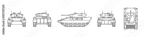 Detailed technical line drawing of a military tank presented in multiple orthogonal views, showcasing its design and structure with precision