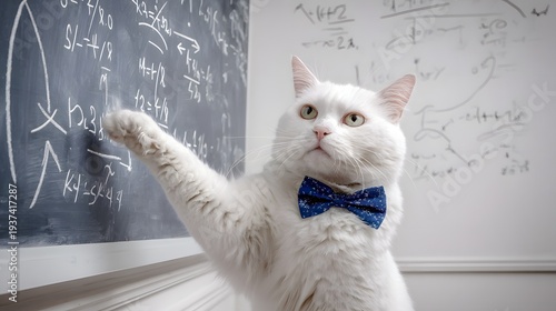 Intelligent White Cat Wearing Bow Tie Explaining Complex Math Equations on Chalkboard.