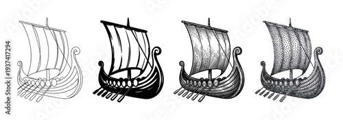 Four distinct black and white Viking longship illustrations are presented in a row, showcasing different artistic styles from outline to stippling, each featuring a sail and oars