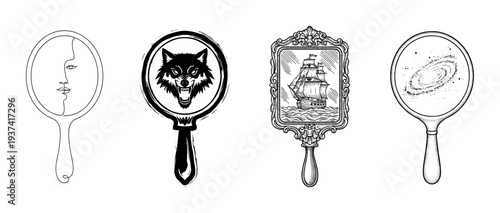 Four unique hand mirrors display diverse illustrations, including a minimalist face, an aggressive wolf, a majestic ship, and a swirling galaxy, rendered in a striking black and white line art style
