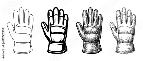 Four distinct illustrative work safety gloves are presented in various black and white artistic styles, including continuous line, bold outline, detailed engraving, and stipple art