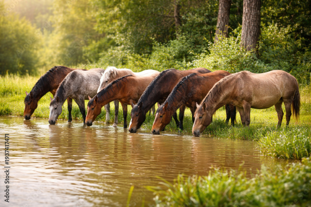 Fototapeta premium A herd of horses drinking water from a small natural pond on the edge of a forest. 