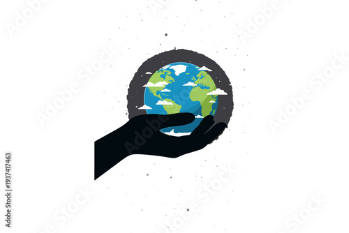 Earth in Safe Hands: A symbolic representation of global responsibility, a silhouette hand cradles the Earth, a visual embodiment of environmental protection and care.