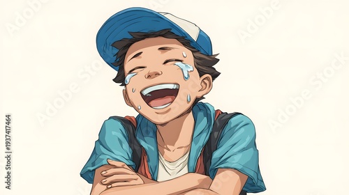 Joyful Young Boy Laughing with Tears of Happiness.
