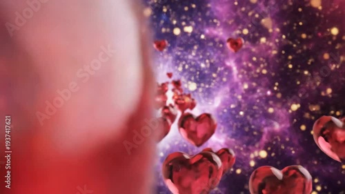 A cosmic arrangement of glossy red heart shapes against a starlit nebular backdrop