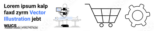 Healthcare technology, online shopping, innovation, commerce, mechanics, settings. Microscope with monitor, shopping cart and gear symbols. Healthcare technology and online shopping concepts
