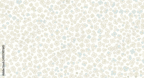 Subtle seamless pattern with tiny abstract floral shapes in muted beige and light blue tones on a white background, creating a delicate texture.