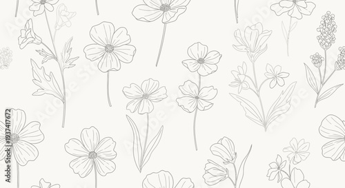 Elegant seamless pattern featuring delicate hand-drawn line art flowers and botanical elements on a light background.
