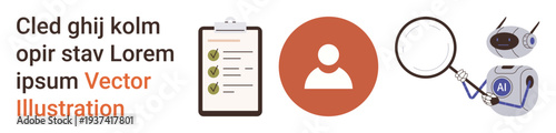 Artificial intelligence, task management, user authentication, data processing, technology innovation, machine learning. Icons showing a checklist, user profile, magnifying glass and AI robot
